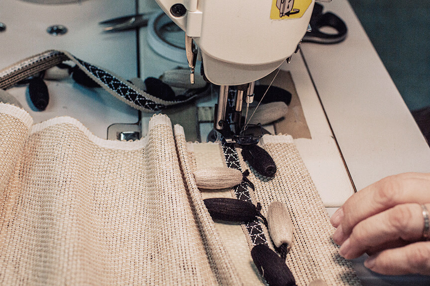 Sewing custom window shades using the Torero Beaded Fringe by Laura Kirar for Samuel and Sons.