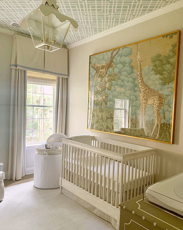 A nursery design by Katie Gibson Interiors promises the sweetest of dreams. Custom window treatments are trimmed with French Grosgrain Ribbon from Samuel & Sons.