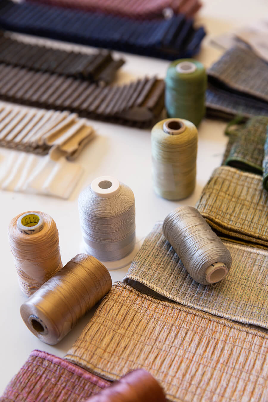 Behind-the-scenes during the development of the Merengue Pleated Metallic Border by Lori Weitzner for Samuel & Sons.