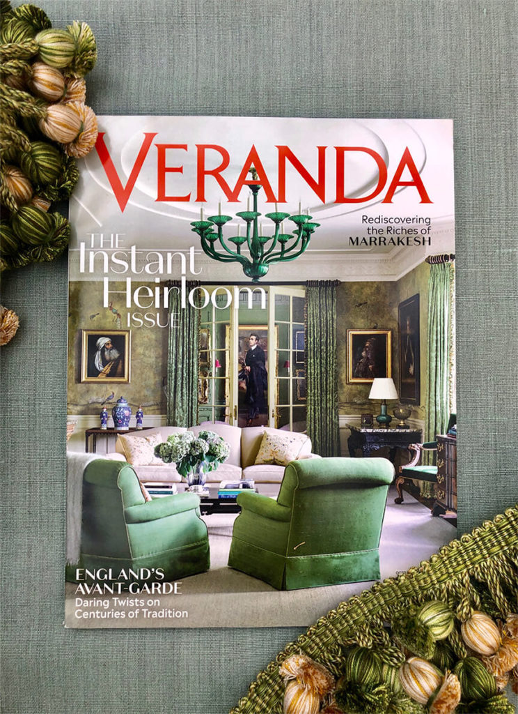 From a roundup of recent editorial features, the cover of Veranda magazine features onion tassel fringe from Samuel & Sons.