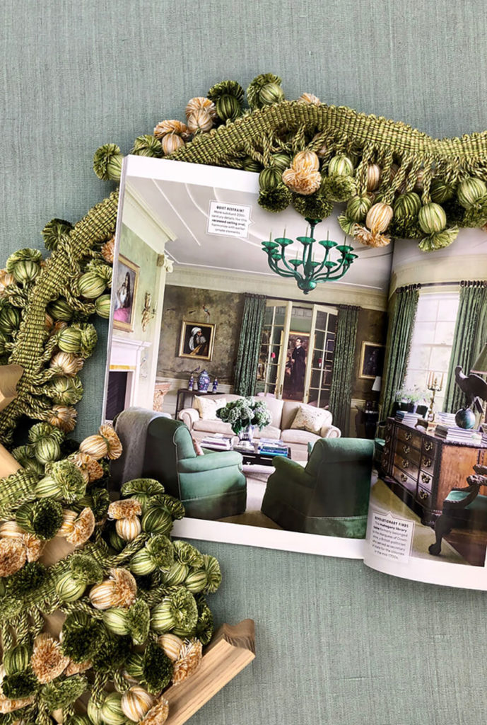 Green and gold onion tassel fringe from Samuel & Sons is seen in the autumn issue of Veranda magazine.