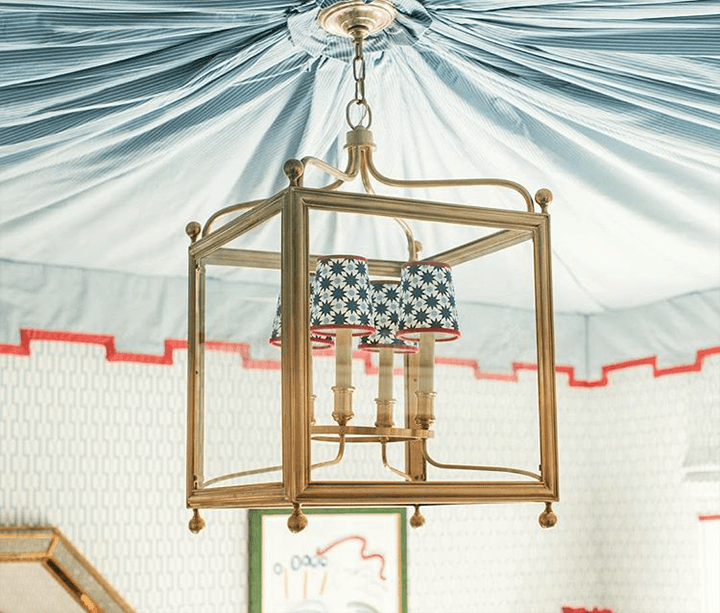 A modern chandelier with miniature printed lampshades.